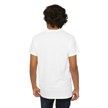 Graphic Tee by Printify featuring a dripping lips bite design with "hmm..." on a black T-shirt, close-up of the printed graphic.