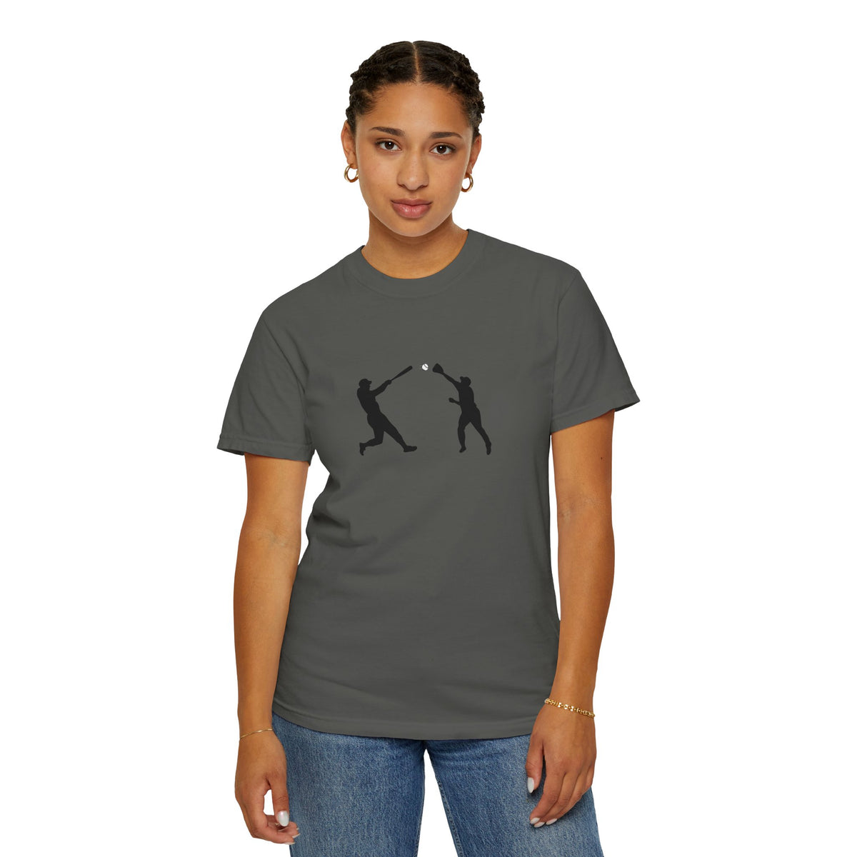 Black baseball silhouette graphic T-shirt from Printify featuring minimal baseball player design on soft fabric.