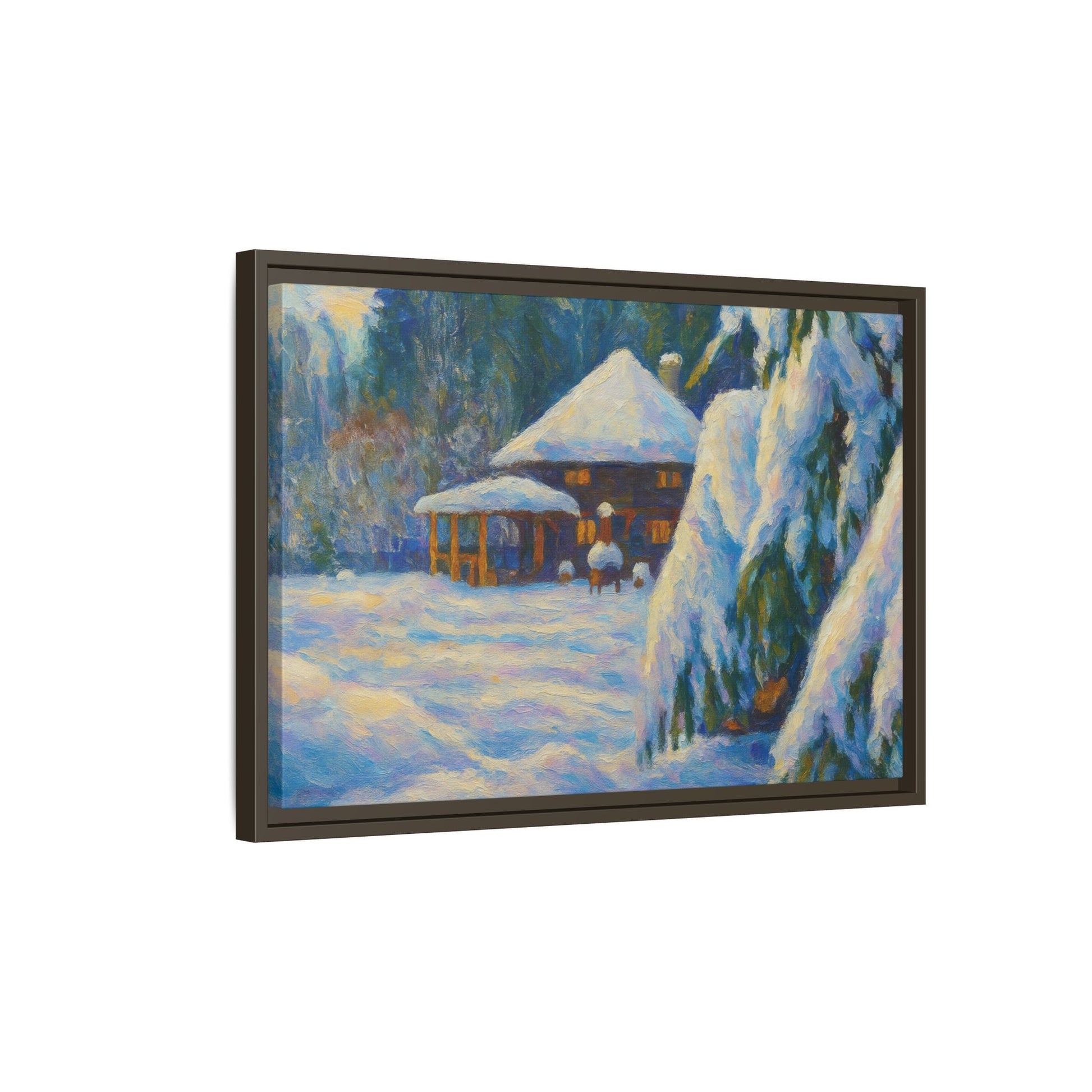 Framed matte canvas of a snowy cabin winter landscape wall art by Printify, showcasing a cozy cabin in a snowy forest scene.