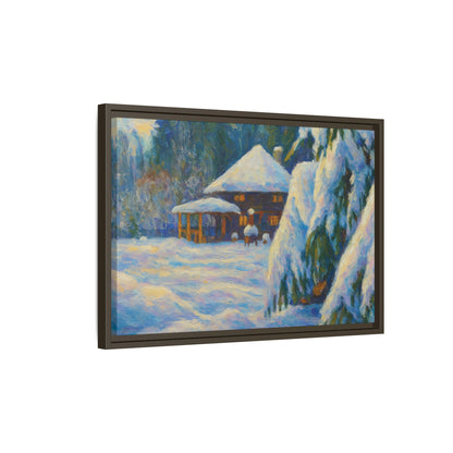Framed matte canvas of a snowy cabin winter landscape wall art by Printify, showcasing a cozy cabin in a snowy forest scene.