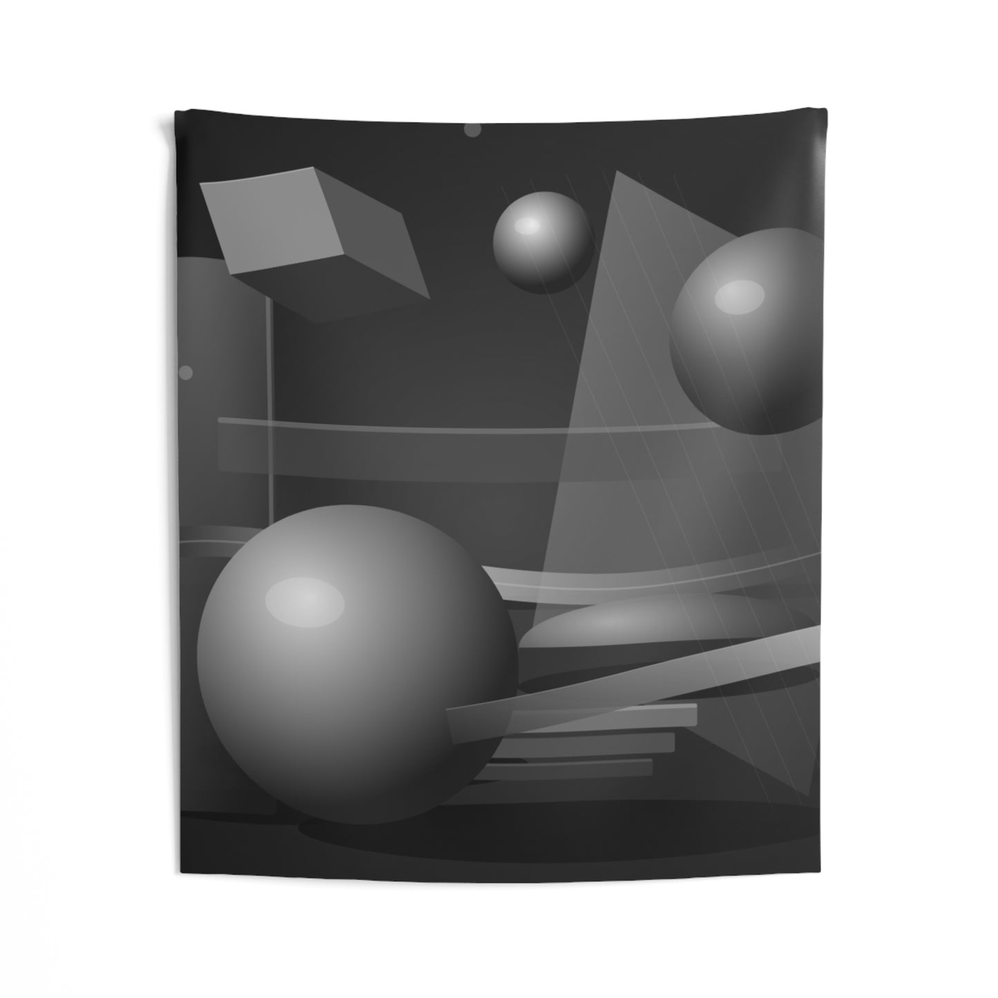 Abstract 3D Geometry Tapestry — Monochrome Floating Spheres & Cubes Wall Art