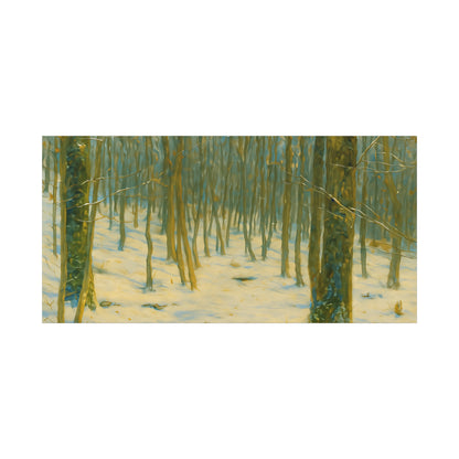 Snowy winter forest canvas print on stretched matte canvas by Printify, featuring a serene winter landscape with snow-covered trees.