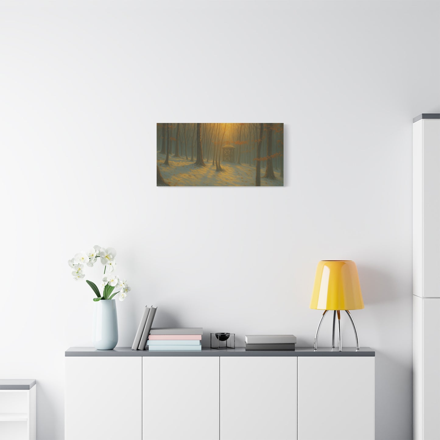 Matte stretched canvas print of a misty forest sunrise landscape, by Printify, featuring detailed forest scene and soft sunrise colors.