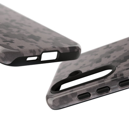Gray digital camouflage phone case by Printify, rugged protective cover designed for smartphones.