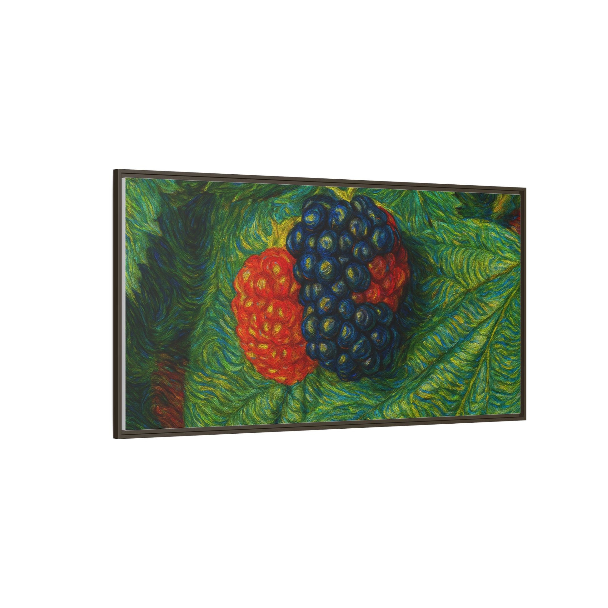 Framed canvas print of a blackberry still life, featuring vibrant blackberries on a canvas from Printify.