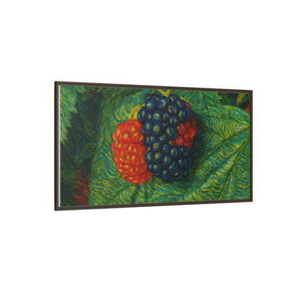 Framed canvas print of a blackberry still life, featuring vibrant blackberries on a canvas from Printify.