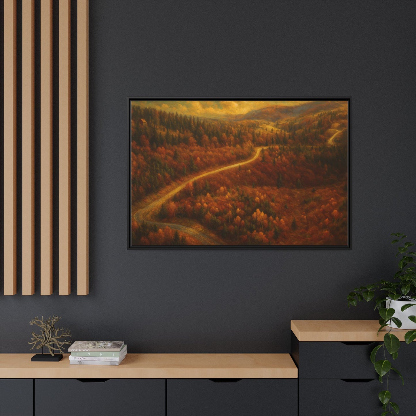 Framed matte canvas print of autumn forest road landscape wall art by Printify, showcasing vibrant fall colors and scenic nature scene.