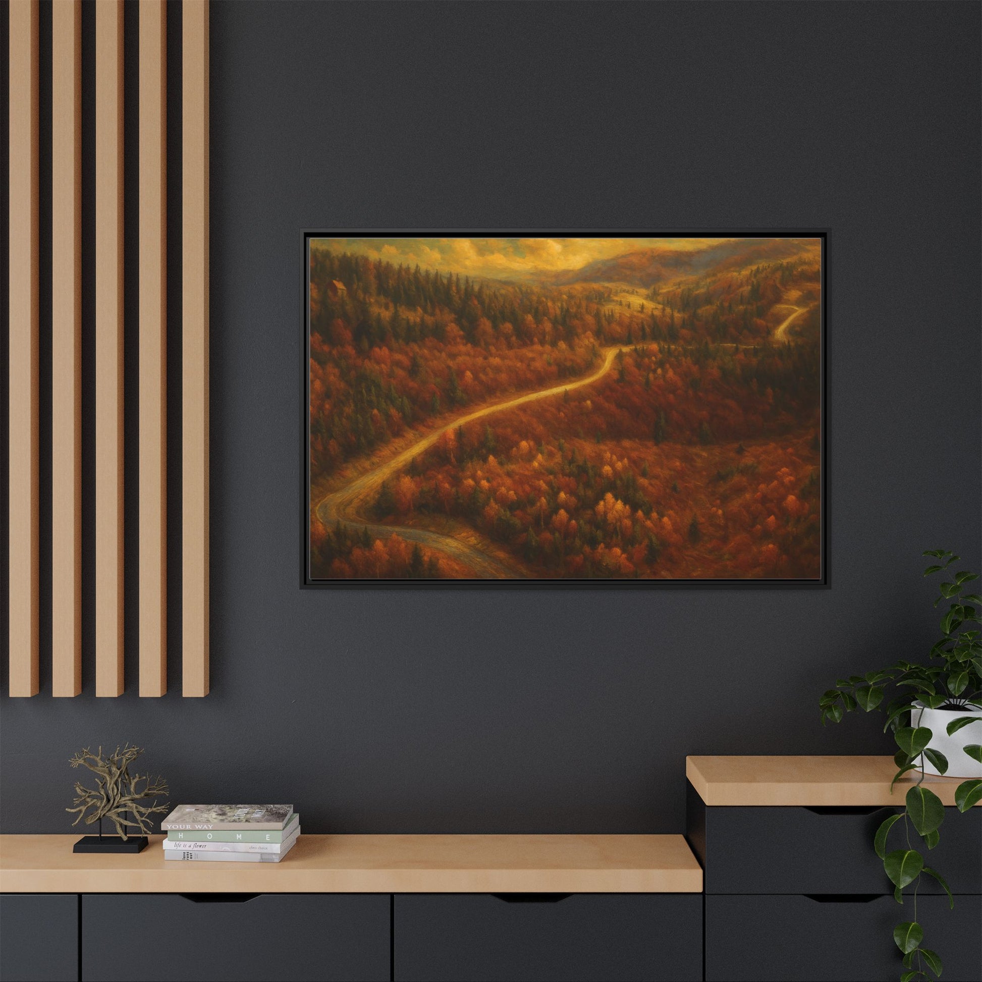 Framed matte canvas print of autumn forest road landscape wall art by Printify, showcasing vibrant fall colors and scenic nature scene.