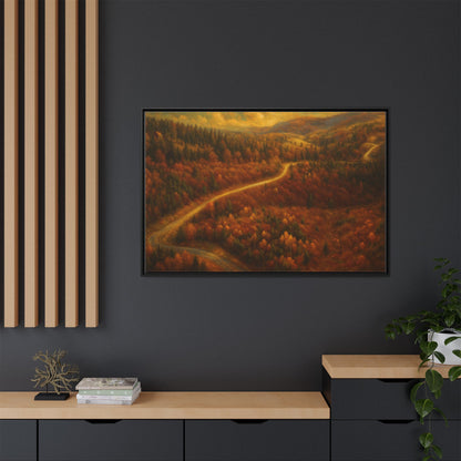 Framed matte canvas print of autumn forest road landscape wall art by Printify, showcasing vibrant fall colors and scenic nature scene.