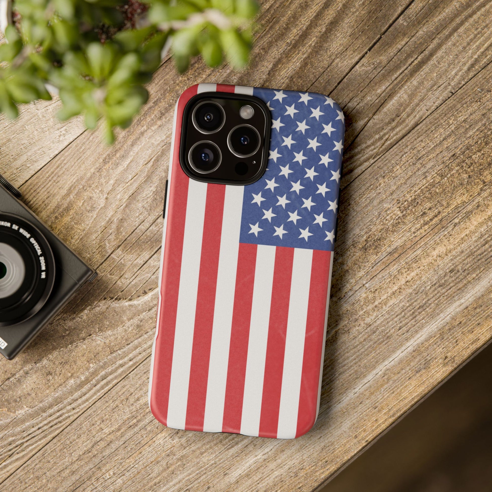 Durable American flag phone case for iPhone, patriotic design, Printify brand, protective tough cover with vibrant flag pattern.