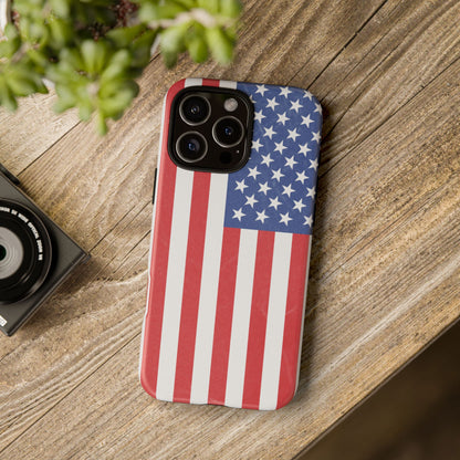 Durable American flag phone case for iPhone, patriotic design, Printify brand, protective tough cover with vibrant flag pattern.