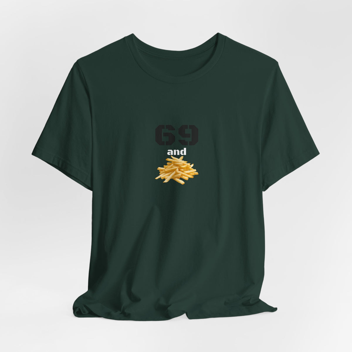 Unisex graphic T-shirt featuring a humorous 69 and French fries design, in black with colorful print, by Printify.