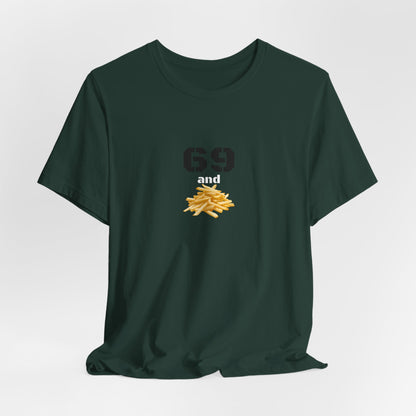 Unisex graphic T-shirt featuring a humorous 69 and French fries design, in black with colorful print, by Printify.