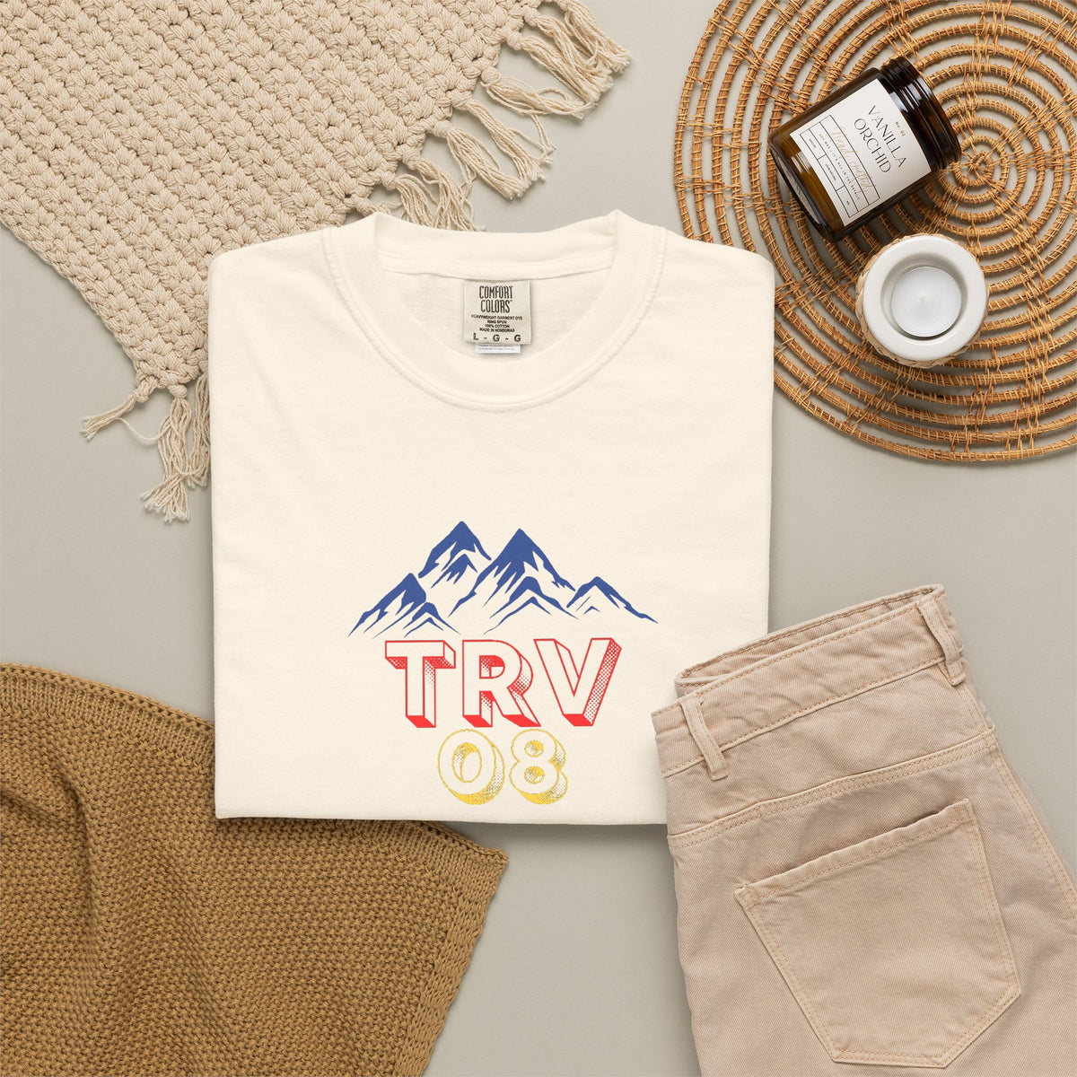 Unisex garment-dyed T-shirt with TRV08 Logo print by Printify, soft fabric and casual fit in natural colors.