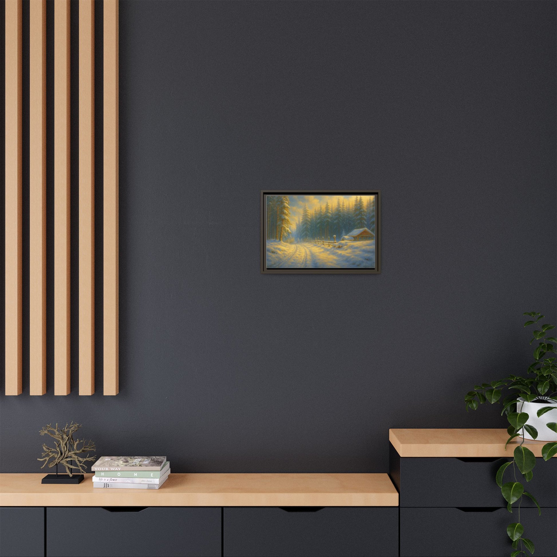 Framed winter cabin canvas print by Printify showing a snowy forest sunset, wall art for cozy seasonal decor.