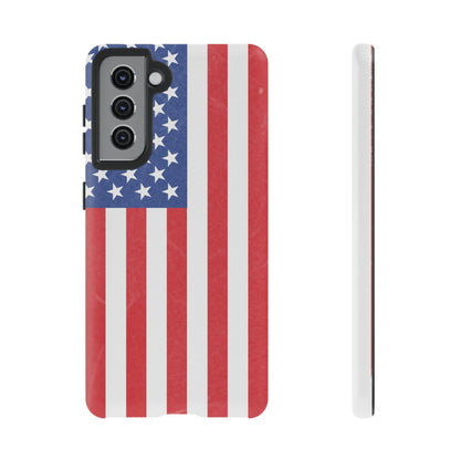 American flag tough phone case for iPhone and Samsung, patriotic protective cover with bold flag design from Printify