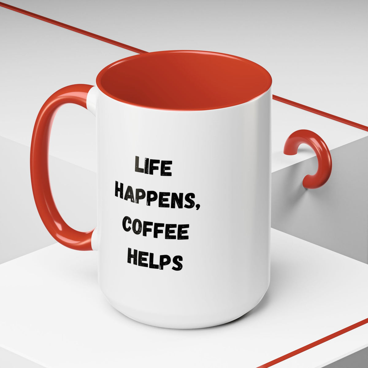 Black ceramic mug with "Life Happens Coffee Helps" text, 11oz or 15oz size, with a black handle and rim, by Printify.