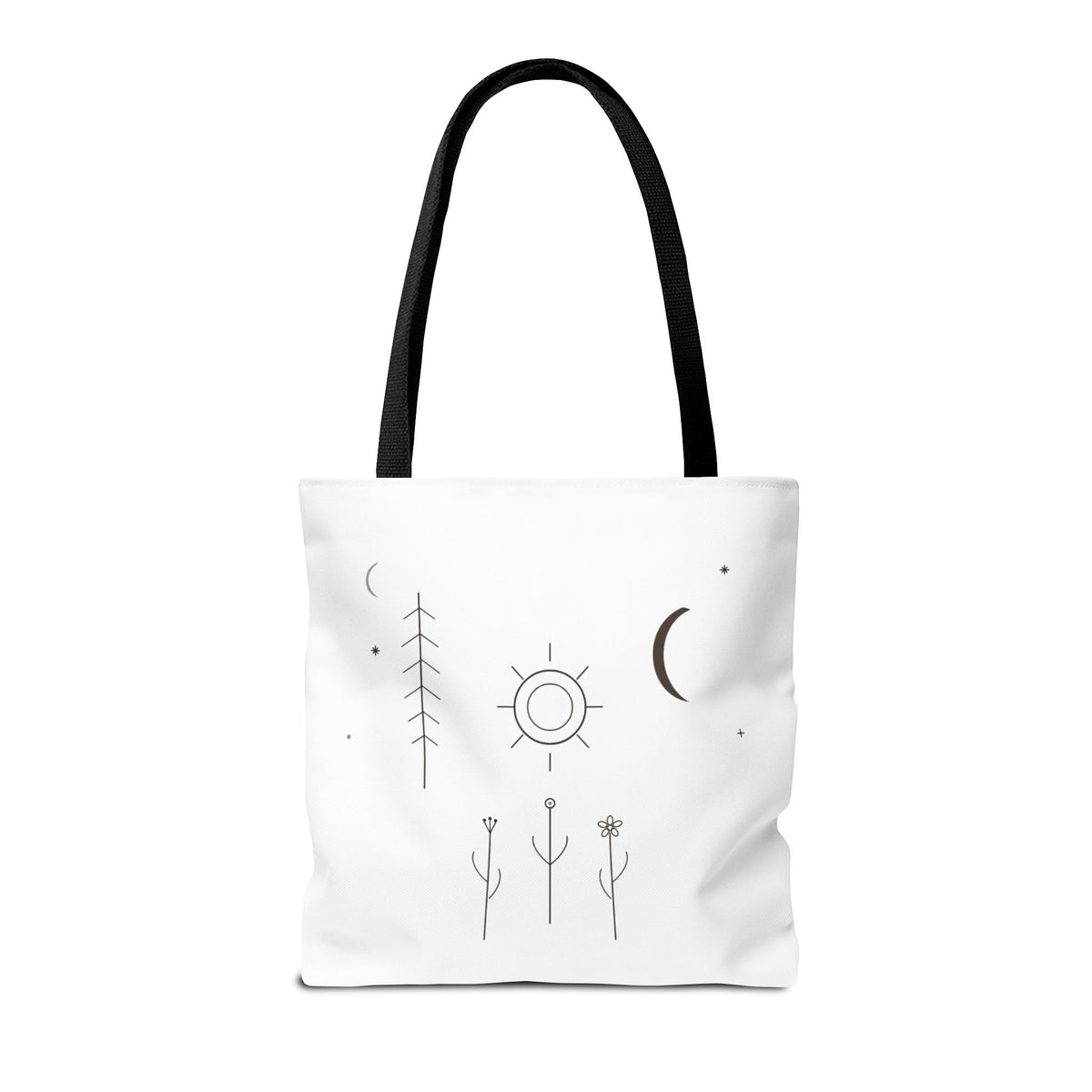 Minimal moon and sun botanical tote bag with celestial line art design, featuring eco-friendly canvas material.
