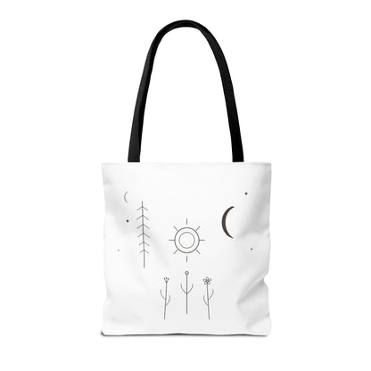 Minimal moon and sun botanical tote bag with celestial line art design, featuring eco-friendly canvas material.