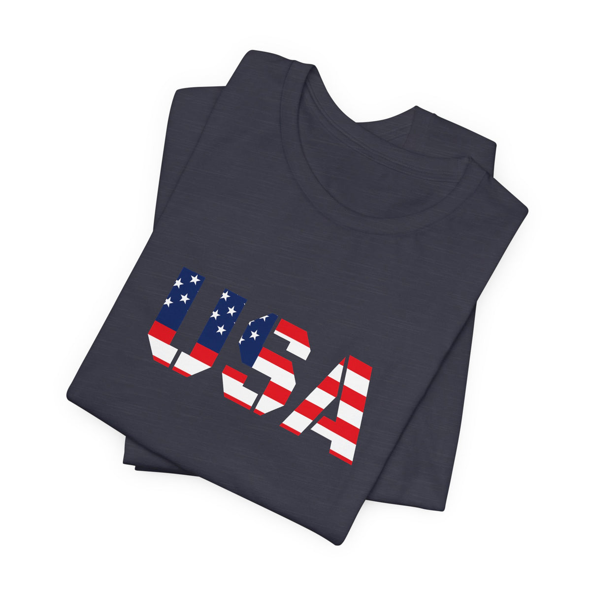 USA Flag Text T-shirt by Printify featuring patriotic red, white, and blue colors with a bold USA flag and text design.