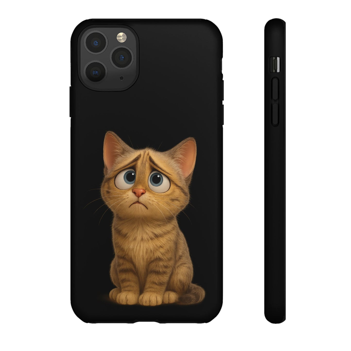 Cute sad kitty print phone case for iPhone, protective cover featuring a sad kitten design by Printify.