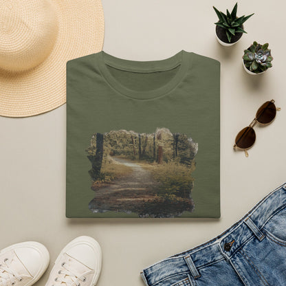 Vintage forest landscape T-shirt by Printify featuring a nature pathway design on soft fabric.