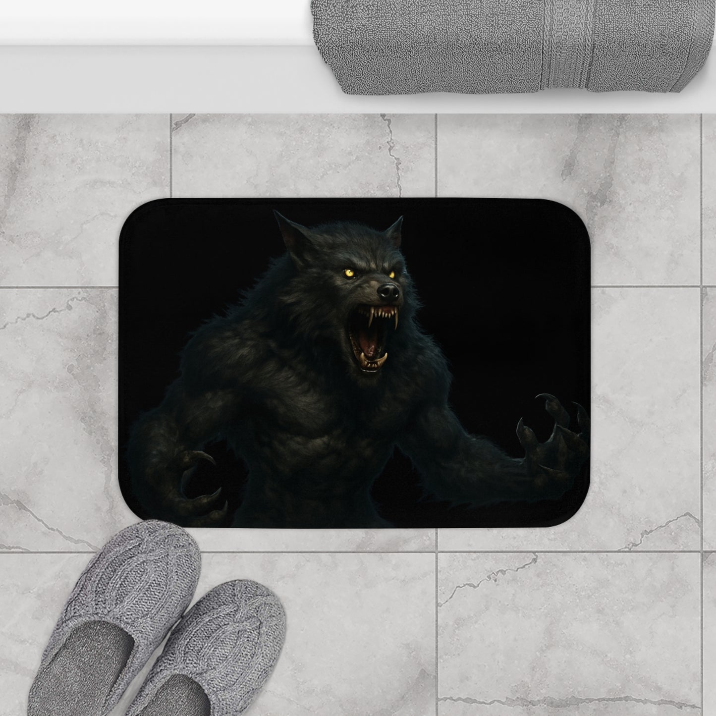 Dark gothic werewolf bath rug featuring a monster design, perfect for a spooky bathroom decor.