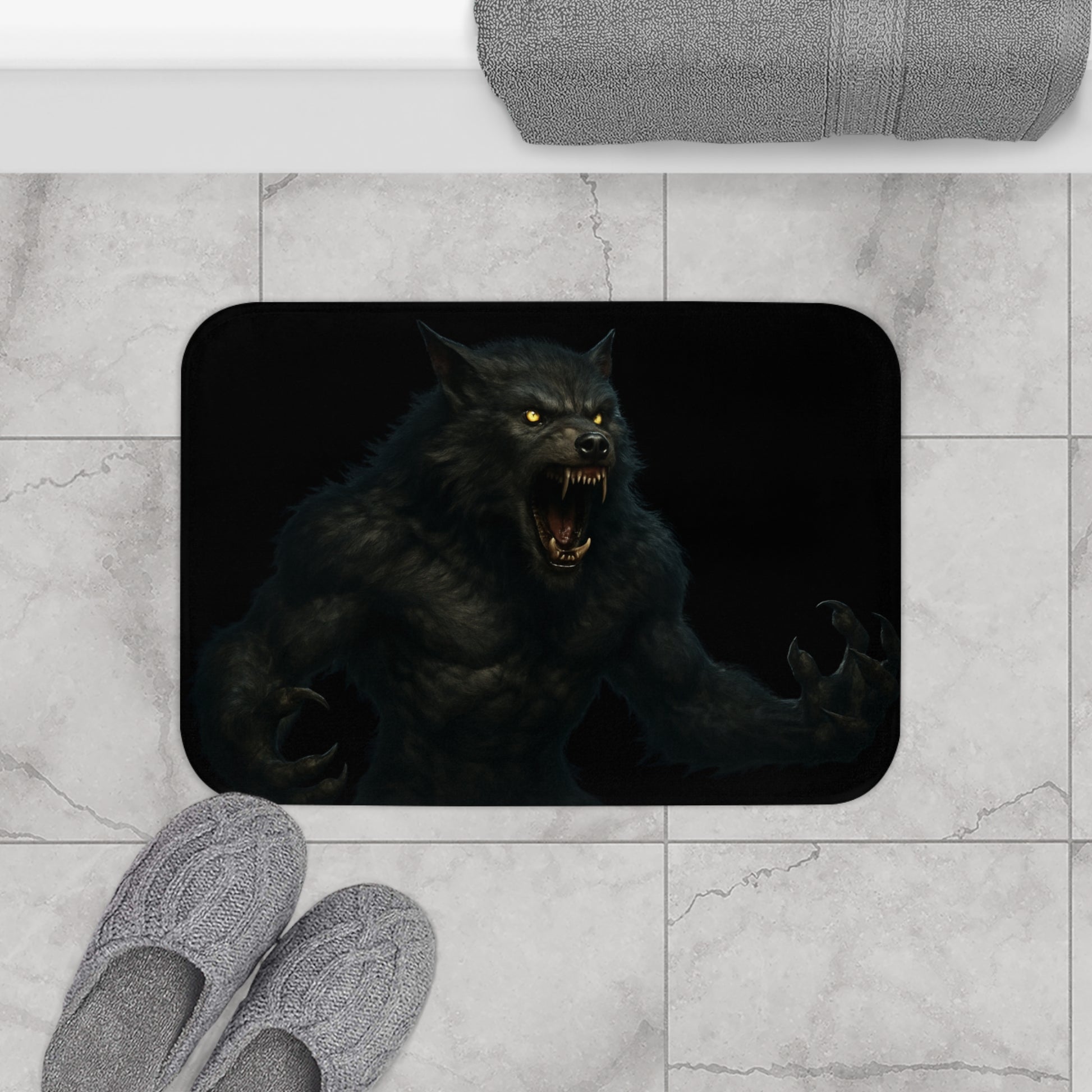 Dark gothic werewolf bath rug featuring a monster design, perfect for a spooky bathroom decor.