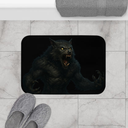 Dark gothic werewolf bath rug featuring a monster design, perfect for a spooky bathroom decor.