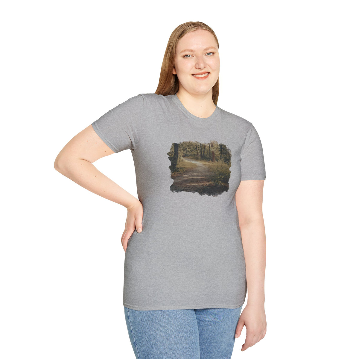 Vintage forest landscape T-shirt featuring a nature pathway design by Printify, showcasing vibrant woodland scenery on soft fabric.