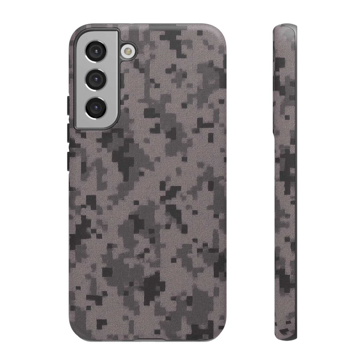 Gray digital camouflage phone case by Printify, showcasing a tough, protective cover with digital camo pattern for smartphones.