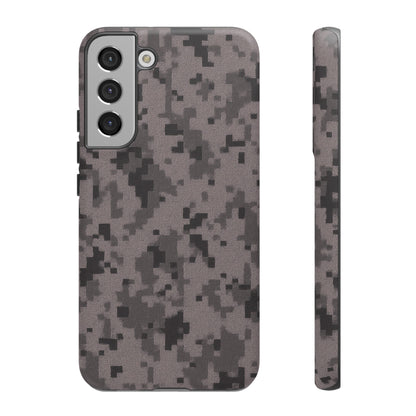 Gray digital camouflage phone case by Printify, showcasing a tough, protective cover with digital camo pattern for smartphones.