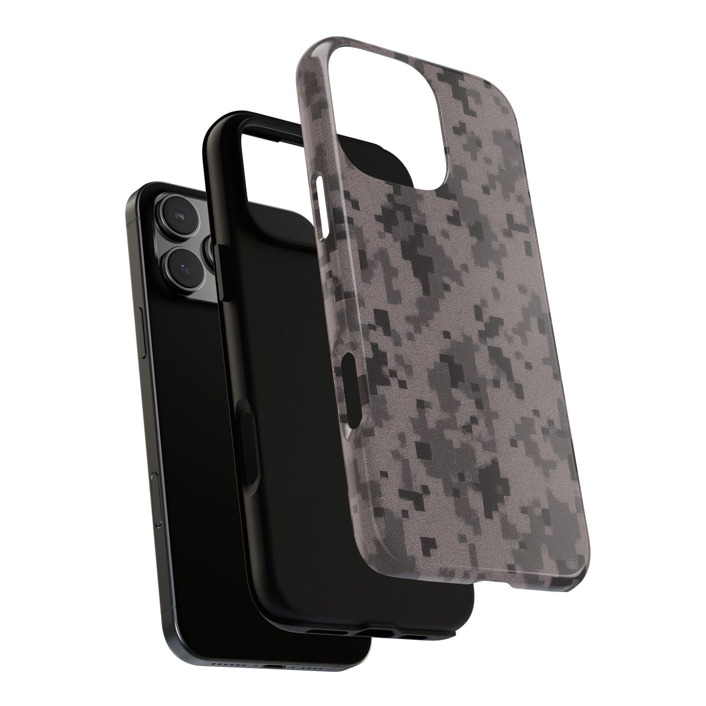 Gray digital camouflage phone case by Printify, rugged protective cover designed for durability and style.