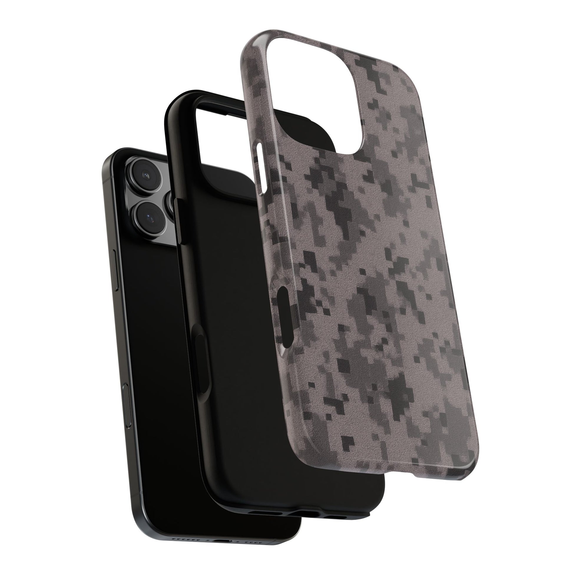 Gray digital camouflage phone case by Printify, rugged protective cover designed for durability and style.