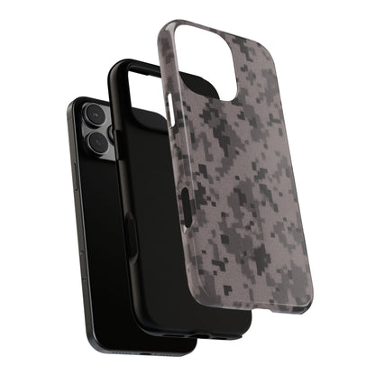 Gray digital camouflage phone case by Printify, rugged protective cover designed for durability and style.