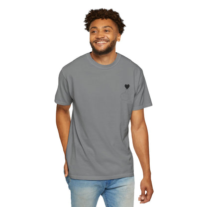 Black T-shirt with minimal finger heart graphic design by Printify, featuring a simple black heart illustration on the front.