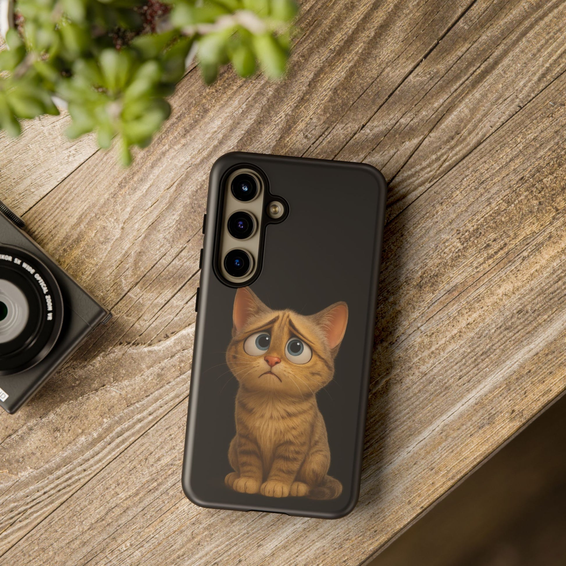 Cute sad kitty print phone case for iPhone, protective design by Printify featuring a sad kitten illustration.