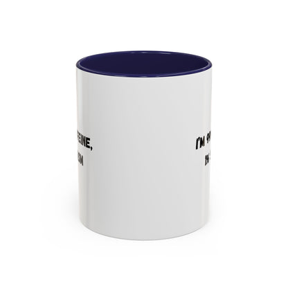 Ceramic coffee mug with "I'm 99% Caffeine, 1% Sarcasm" print, accent design, ideal for coffee lovers.