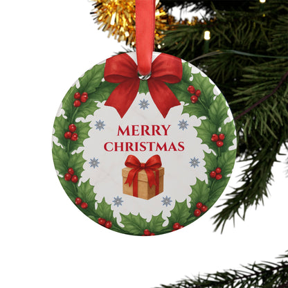 Round acrylic Merry Christmas wreath ornament featuring festive holiday design, ideal for Christmas decorations.
