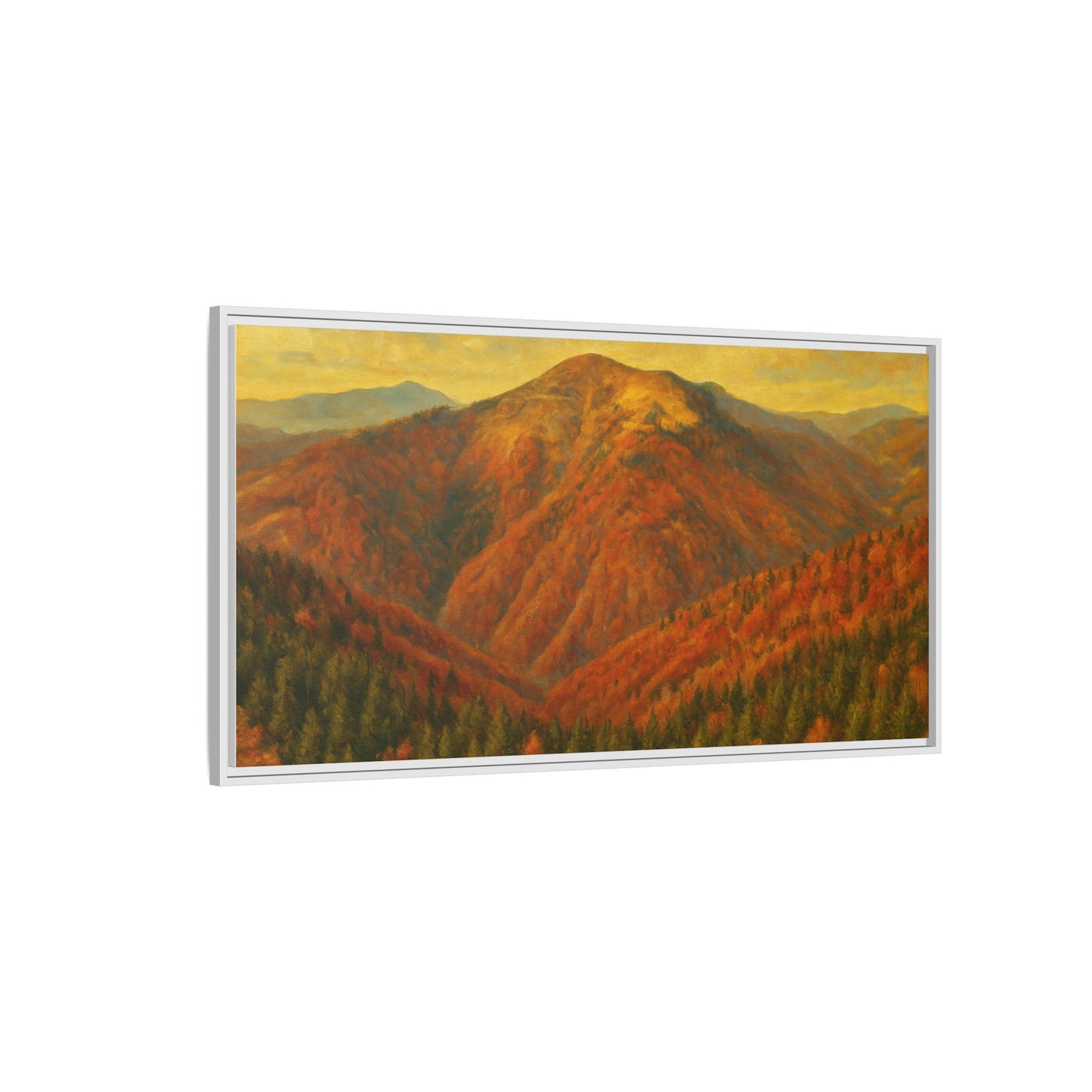 Autumn mountain matte canvas framed wall art by Printify, showcasing a scenic mountain landscape in warm autumn tones.