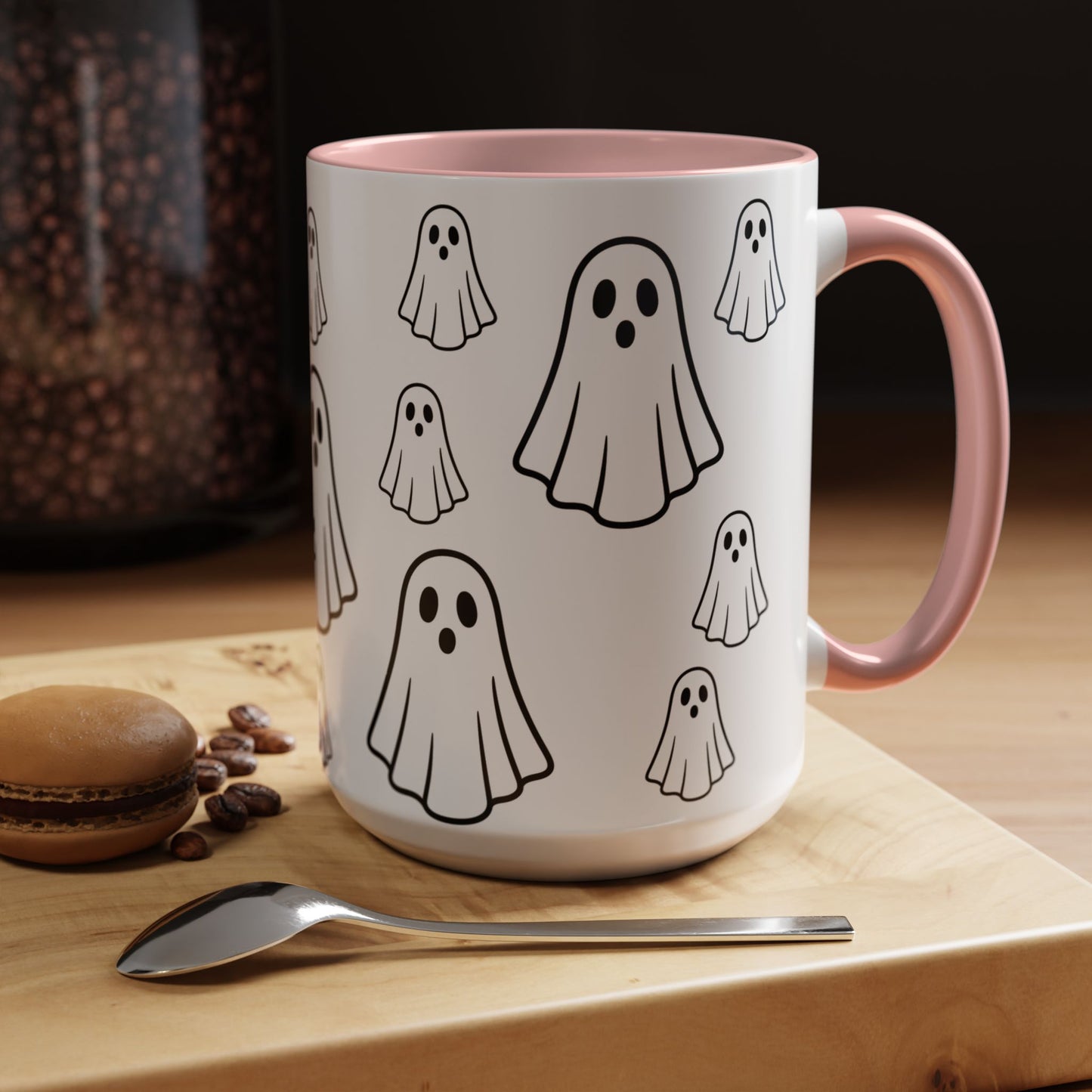 Cute ceramic coffee mug with ghost pattern, 11oz, featuring Halloween-themed design by Printify, perfect for festive drinks.