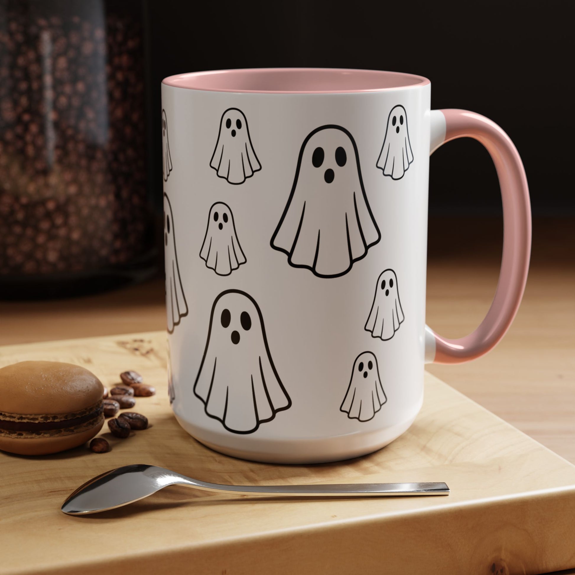 Cute ceramic coffee mug with ghost pattern, 11oz, featuring Halloween-themed design by Printify, perfect for festive drinks.