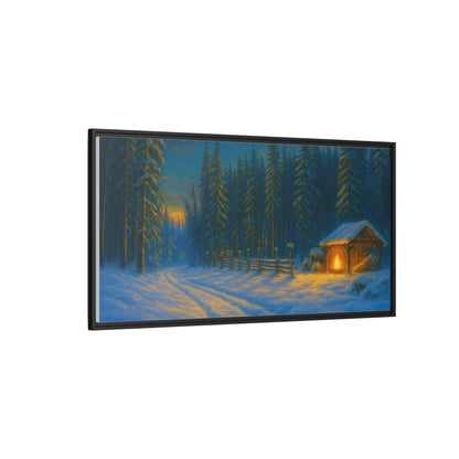 Cozy winter cabin wall art on canvas featuring a snowy forest evening scene, framed in matte for a warm, inviting decor accent.