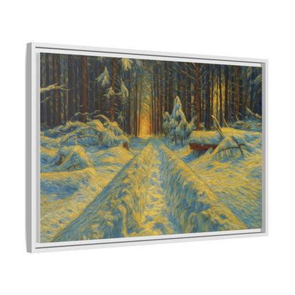 Framed matte canvas print of a snowy forest path at sunset, wall art by Printify featuring winter landscape scenery.