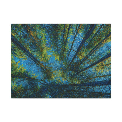Forest Canopy Matte Canvas Wall Art — Upward View of Trees, Blue & Green Nature Print