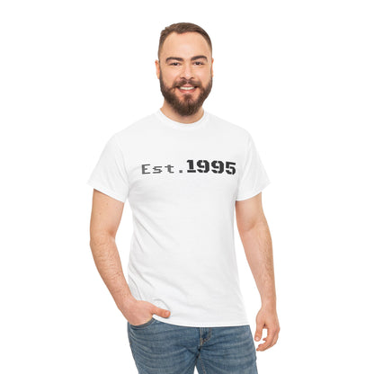 Vintage Est. 1995 T-shirt by Printify featuring minimalist design and birthday theme, shown in a casual front view.