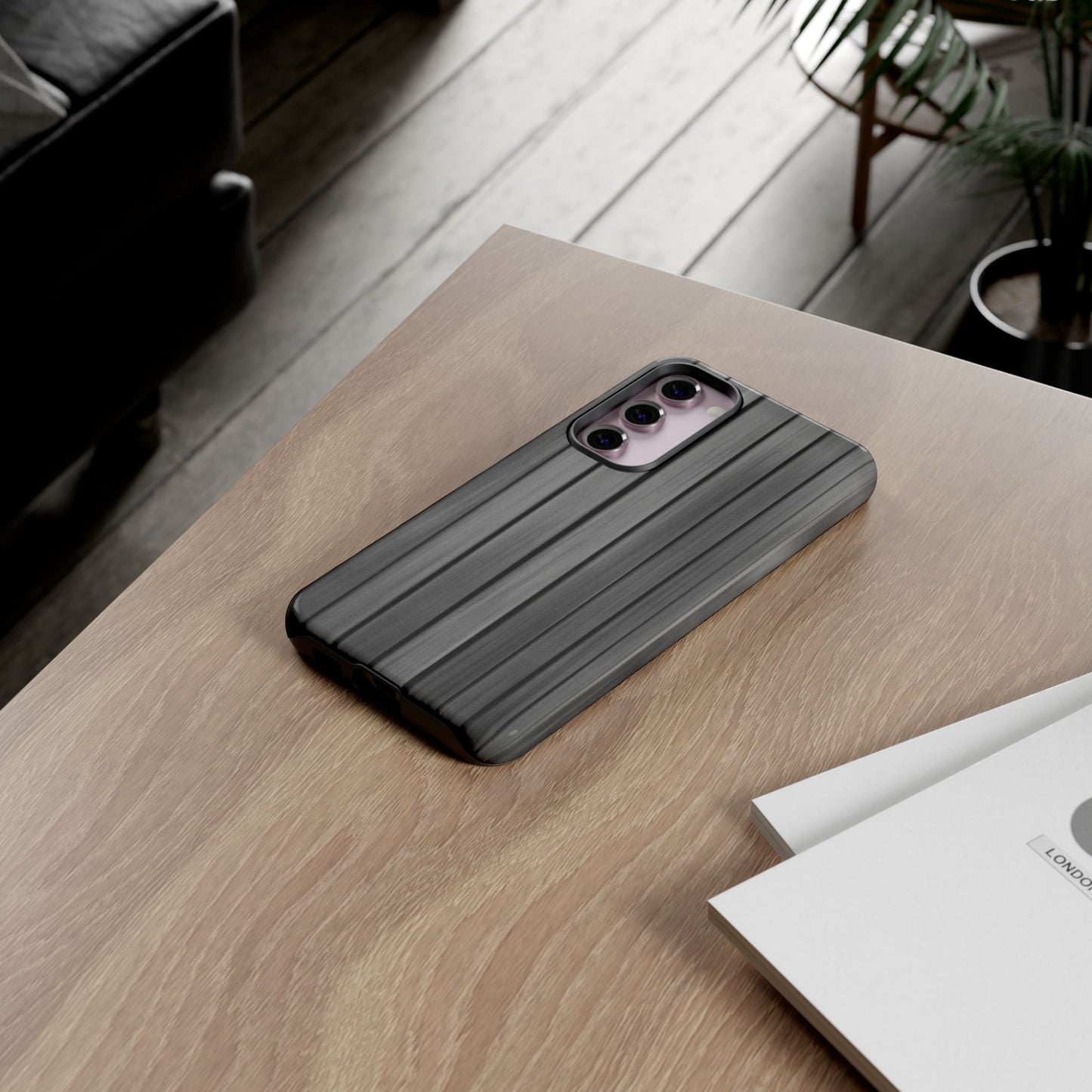 Ribbed metal texture phone case for iPhone, tough protective cover by Printify, featuring a sleek metal design and durable build.