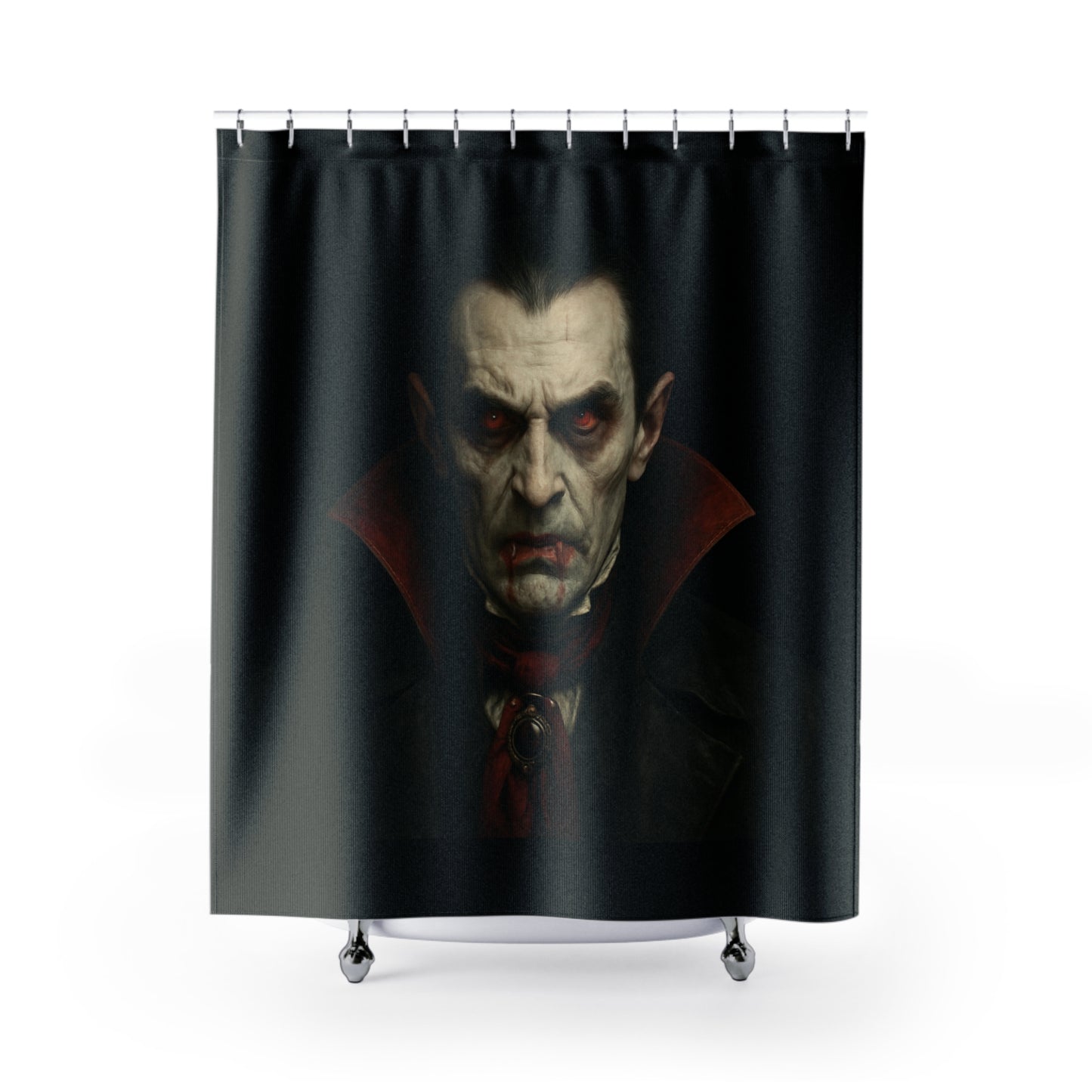 Gothic vampire portrait shower curtain with dark, horror-themed artwork for unique bathroom decor.
