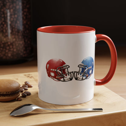 Football Helmet Coffee Mug — Red vs Blue Rivalry Accent Mug (11/15oz)