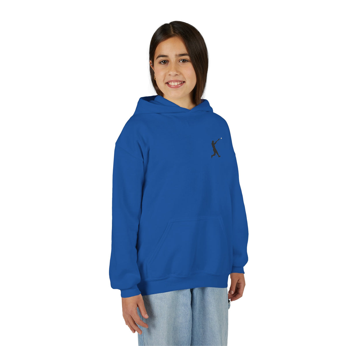 Youth baseball silhouette hoodie featuring a kids baseball player design, stylish pullover for boys and girls.